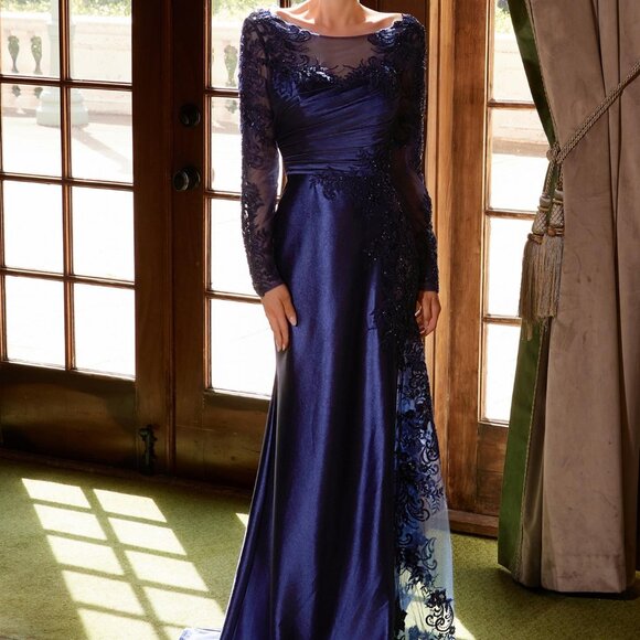 Navy blue long sleeve formal dress.Ball Party Mother of the bride plus size - Picture 1 of 6